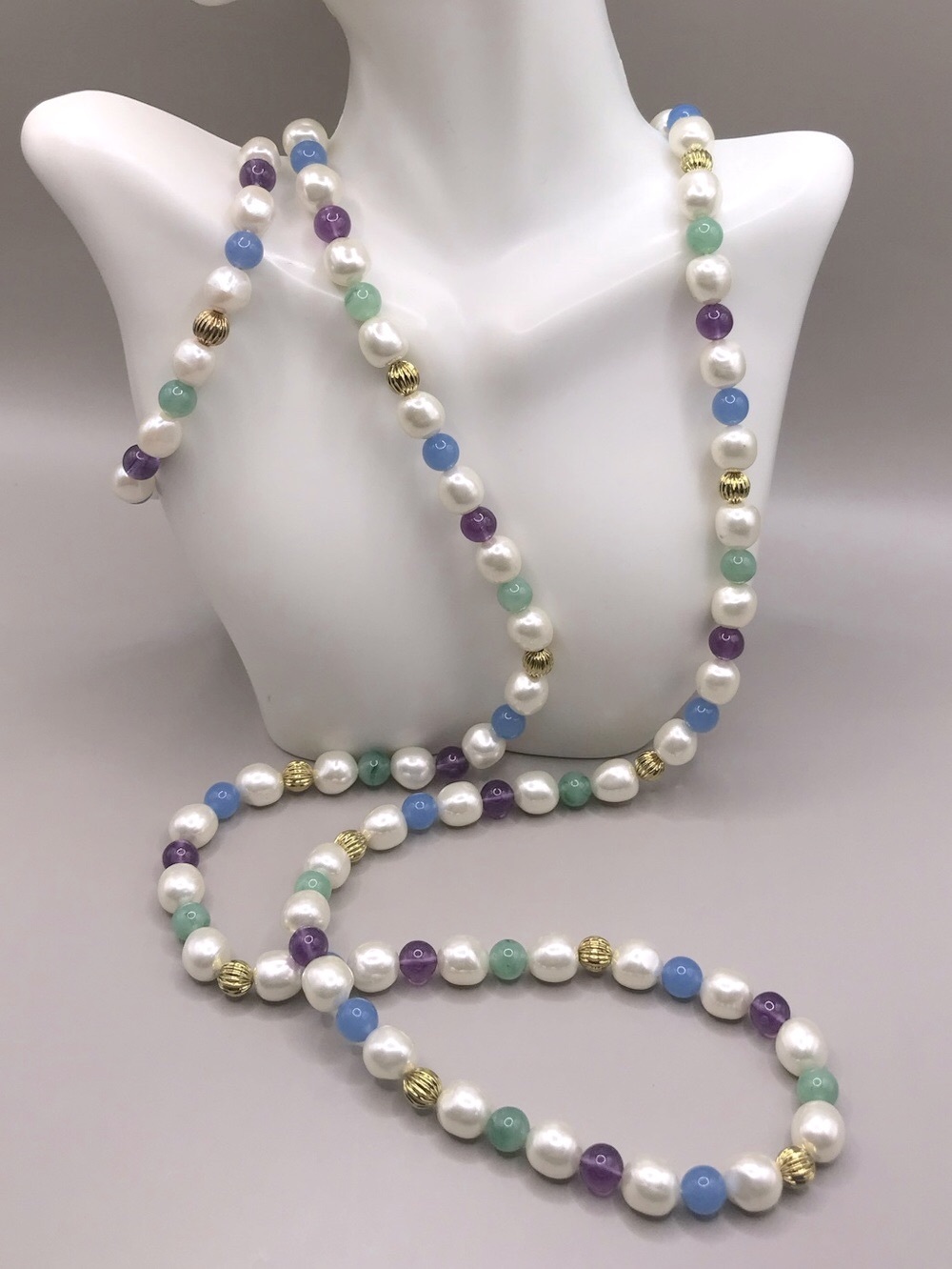 Vintage Avon Long Multi-Color Pearl and Bead Necklace & Bracelet Set